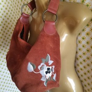EuroWellness Suede Leather Shoulder Bag Purse Embroidered Flowers